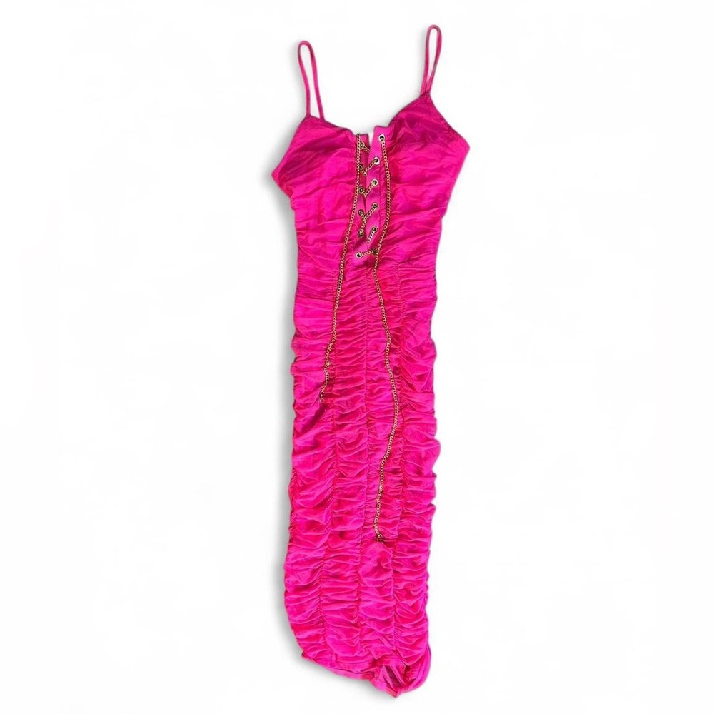 Vibrant Pink Ruched Maxi Dress with Gold Chain Details